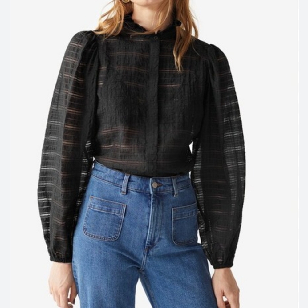 & Other Stories frill collar semi sheer blousein black
